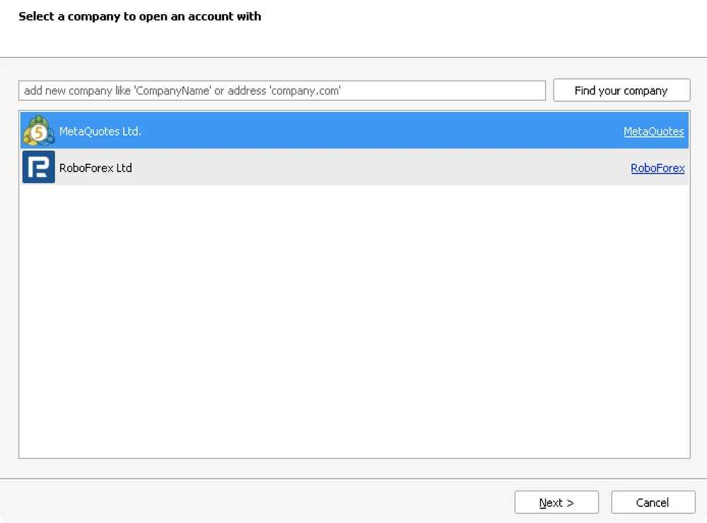 MetaTrader 5 first-launch window: choose a broker from the list, RoboForex Ltd is one of the entries