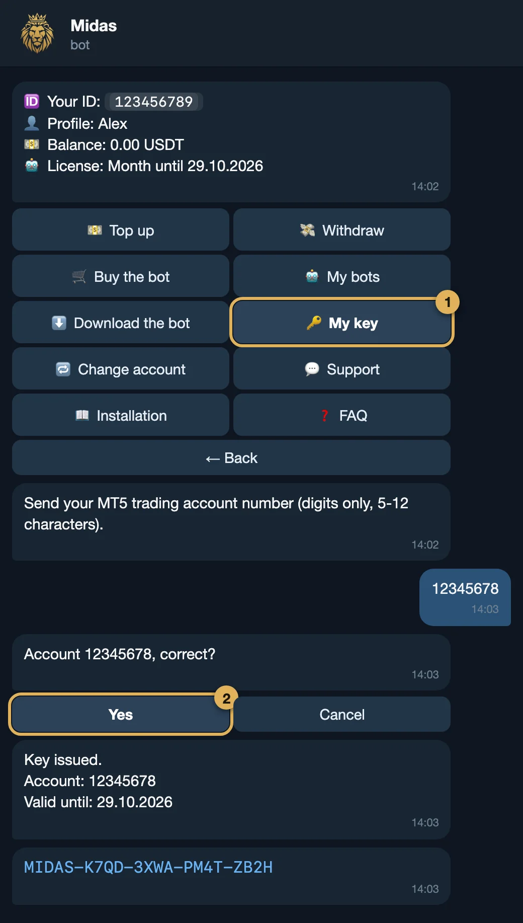 Telegram bot cabinet: the My key button, the account number request, confirmation and the issued key