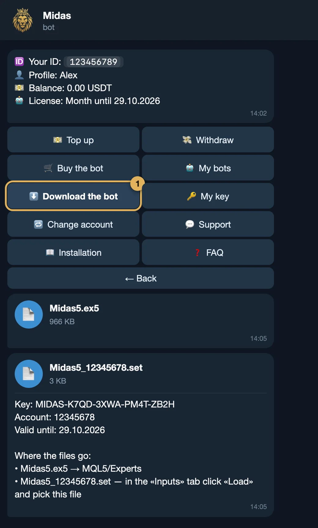 Telegram bot: the Download the bot button and two attached files, Midas5.ex5 and the personal .set file