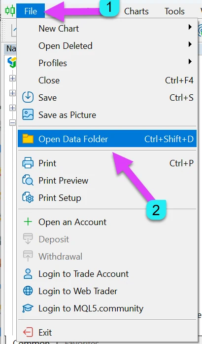MetaTrader 5 File menu with the Open Data Folder item highlighted