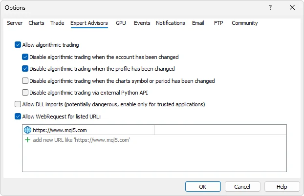 MetaTrader 5 Options dialog, Expert Advisors tab: algorithmic trading and WebRequest checkboxes with a list of allowed URLs