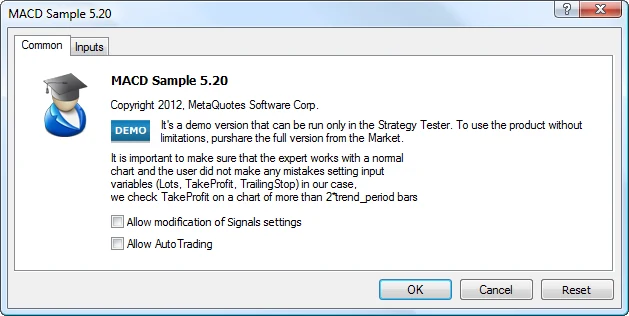 Common tab of an advisor with the Allow Algo Trading checkbox