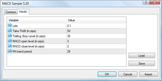 Inputs tab of an advisor with the Load and Save buttons on the right